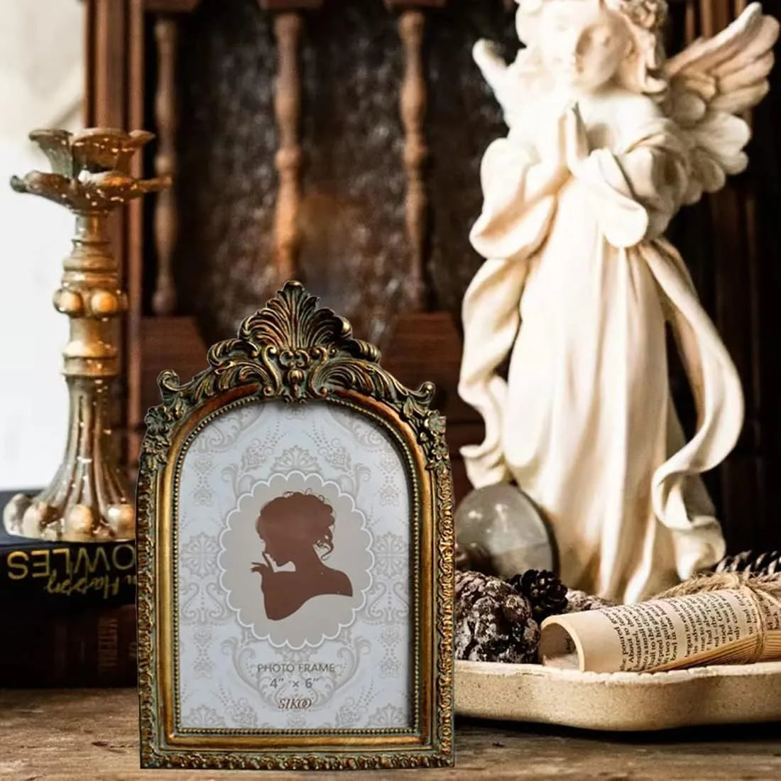 2 Pcs Vintage Gold 4x6 Picture Frames, Antique Photo Frame with Glass Front, Tabletop Wall Mount Frame...