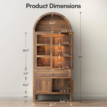 Arched Wooden Storage Cabinet,71'' H X 30.7'' W X 14.6'' D Adjustable with Dimmable LED Lights