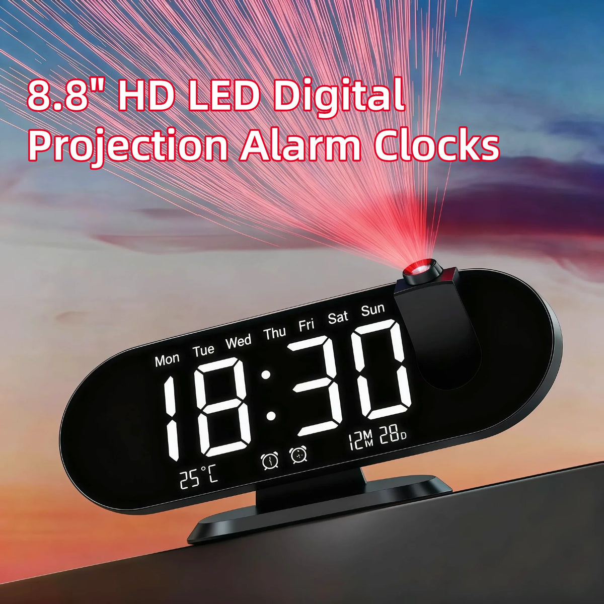 8.8 Inch Projection Alarm Clock, Mirror Display 180 Degree Rotation, Temperature USB Charging Port, White & Black.....