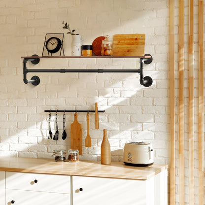 Rustic Wall Mounted Metal Clothes Hanging Rack with Wood Shelf, 39.3x9.8x8.6 inch....