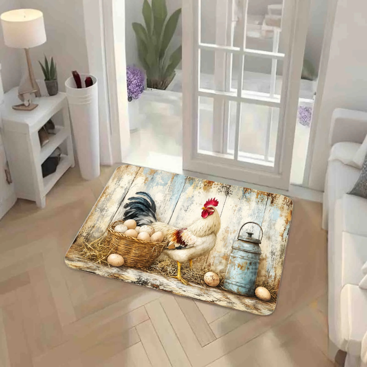 3PCS Kitchen Rugs Rooster Chicken Basket Rustic Pattern