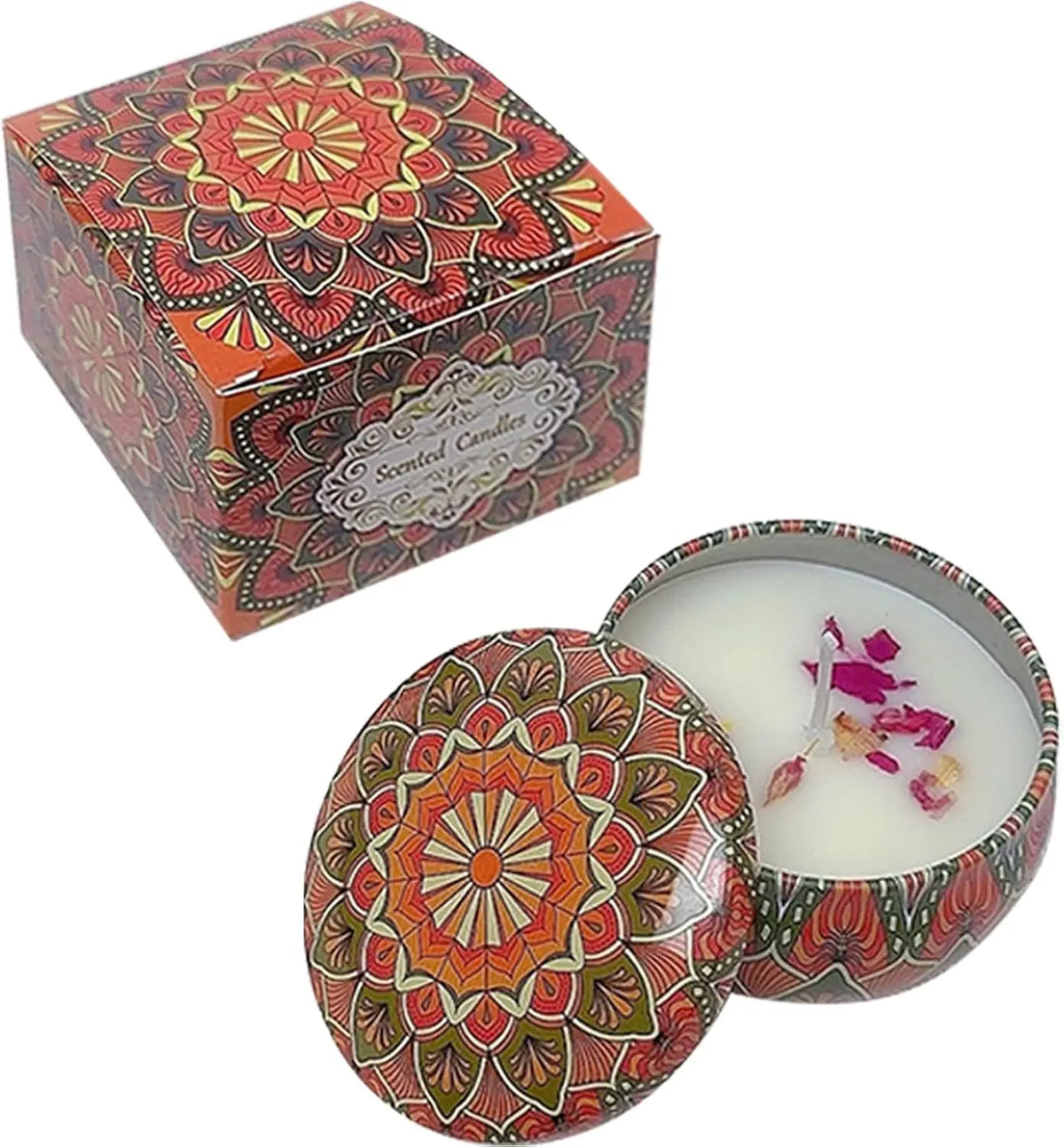 Home Decor Scented Candle, Mandala Printed Tin, Creates Ambiance, 2.5 Oz.  Floral Scent