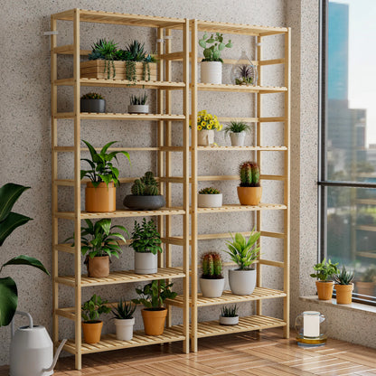 6 Tier Wooden Bookshelf with Adjustable Shelves Free Standing And Wall Mount Natural Bamboo