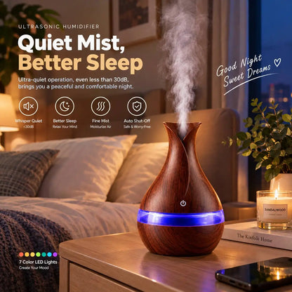 6 In Wood Grain Vase-Shaped. Humidifier, Aromatherapy for Home 7 Color LED Night Light, Auto Shut-Off, for Yoga Spa