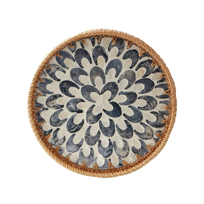 Woven Rattan Wicker Tray with Mother of Pearl Inlay With Wooden Base.....