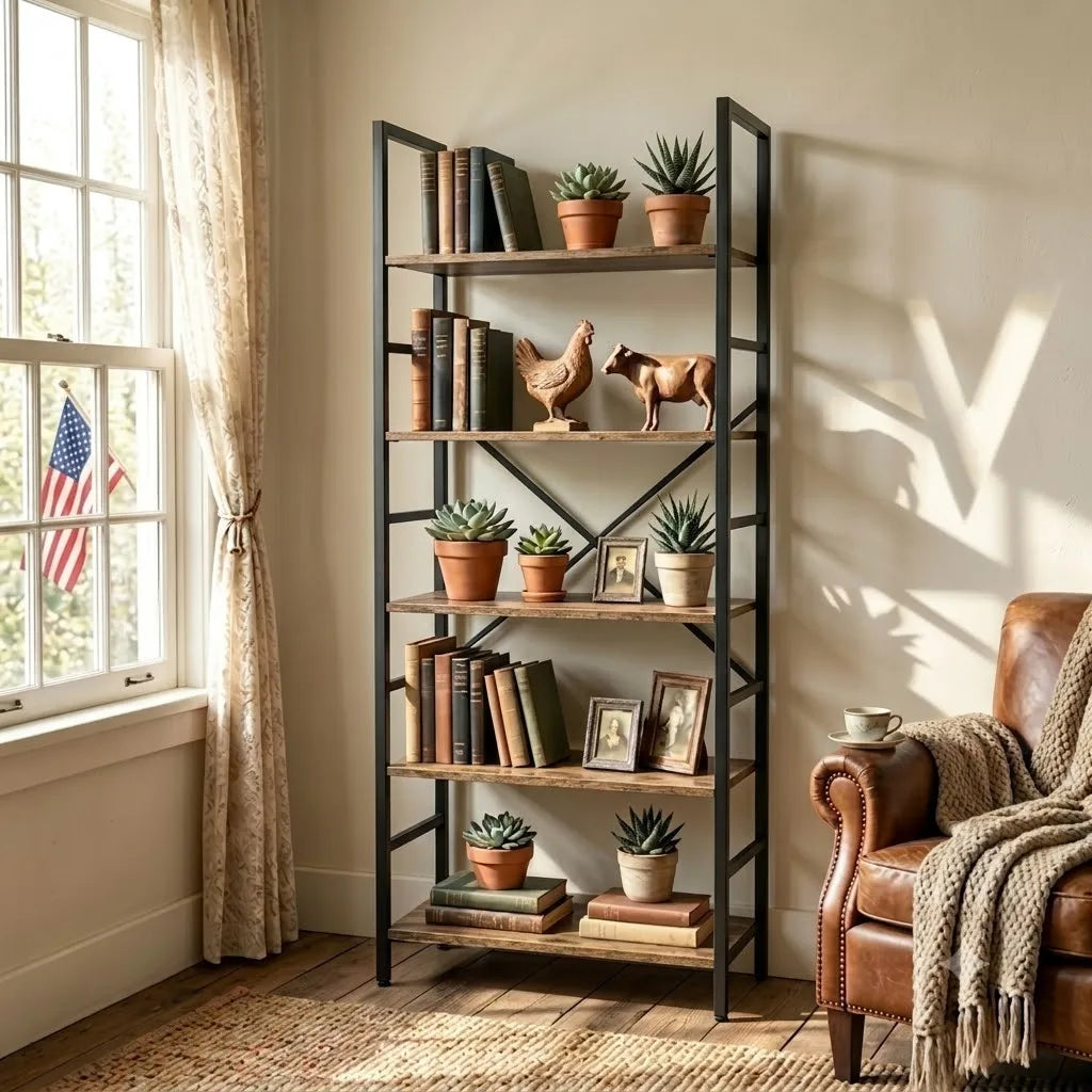 5＆6 Tier Rustic Wood Bookshelf Black Metal Frame Freestanding