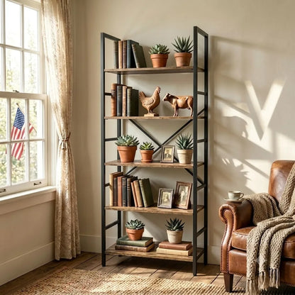 5＆6 Tier Rustic Wood Bookshelf Black Metal Frame Freestanding