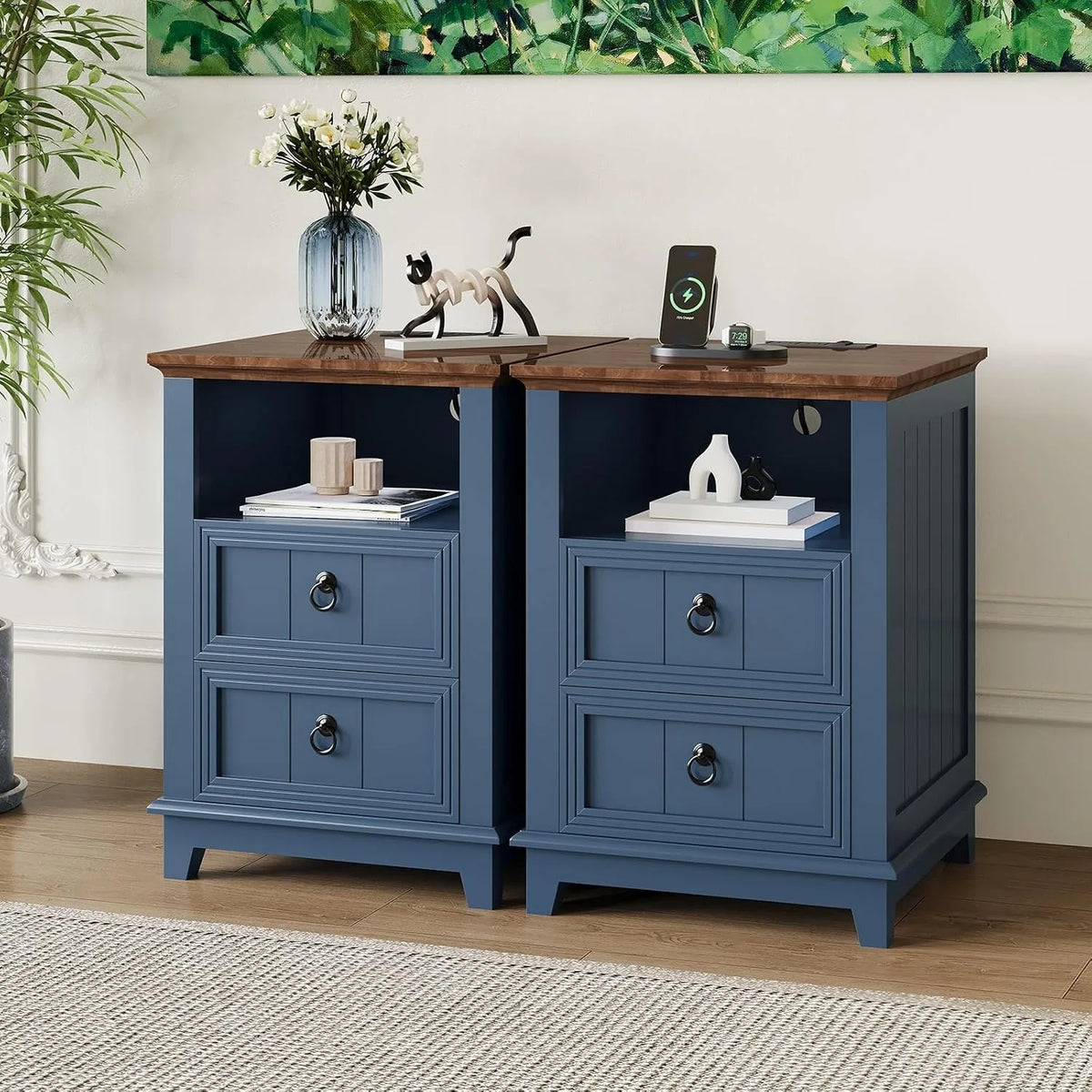 18 Inch Wood Nightstand with USB Charging Station 2 Drawer End Table, Blue