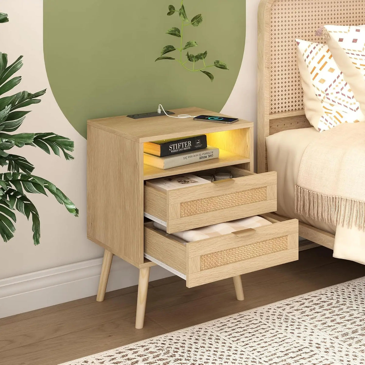 Real Rattan Nightstands Set of 2 with Charging Station and Led Light