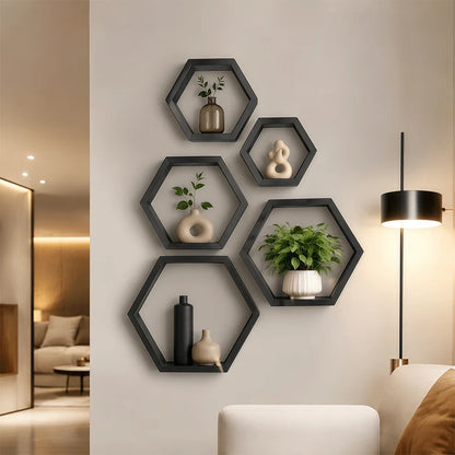 Hexagonal Floating Wooden Wall Shelves Set of 3, Black Geometric