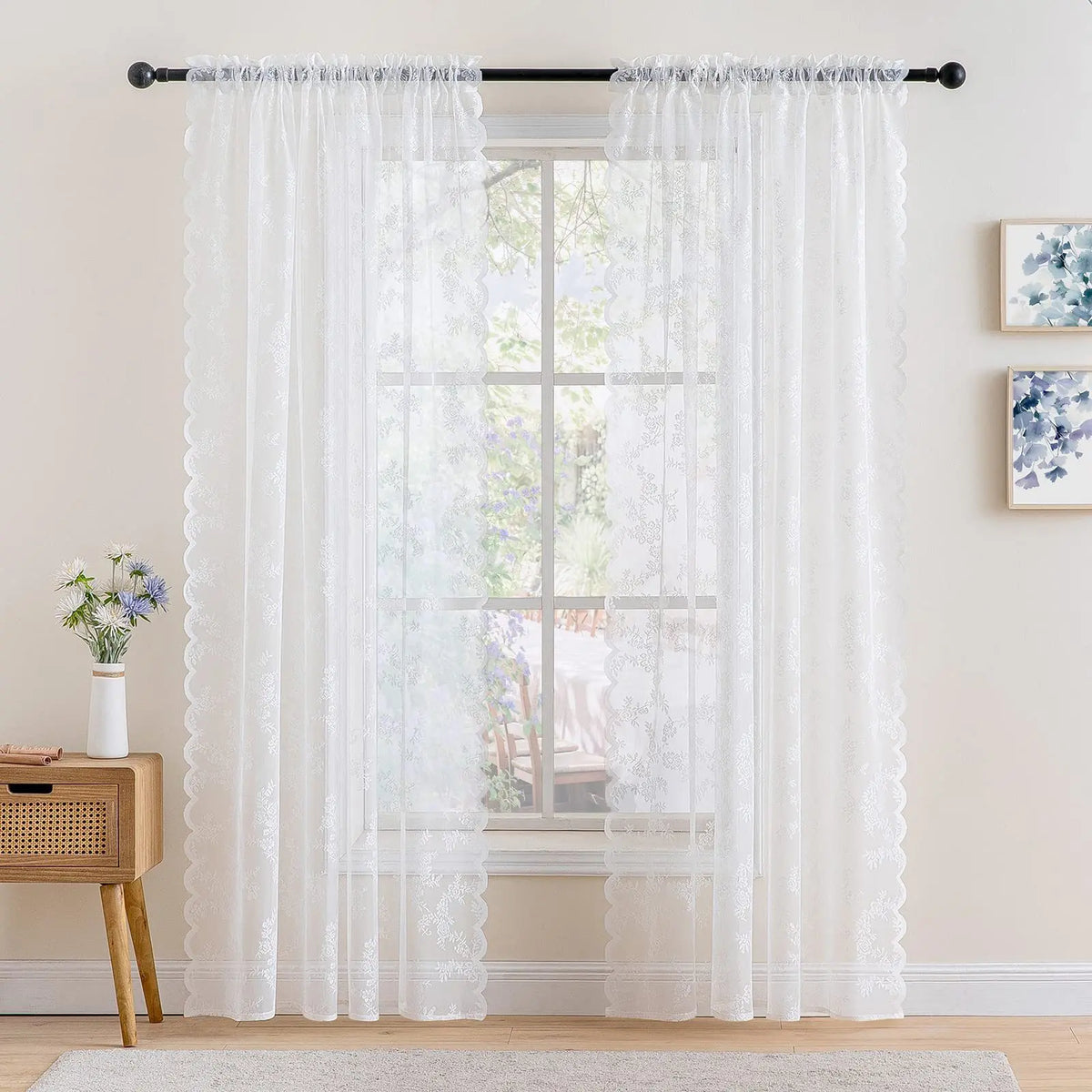 2 Panels elegant solid-color sheer curtains with wave lace trim, 3 Colors, 3 Sizes....