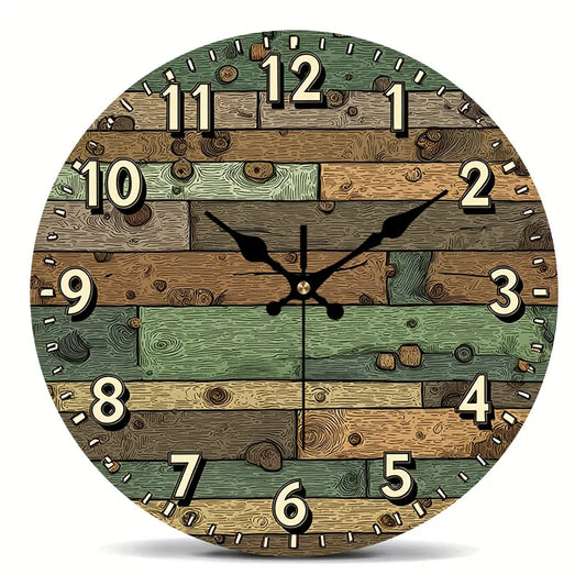 Wooden Theme Style Wall Clock 2D Print - 4 Sizes, Excluding AA Battery....