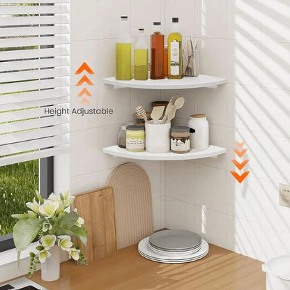 5-Piece White Floating Corner Shelf, Wall Mount Durable Plastic Construction, Non-Hole