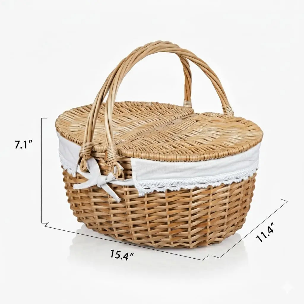 Natural Rattan Handwoven Wicker Picnic Basket with Lid and Handle 15"  with Washable Lining ...