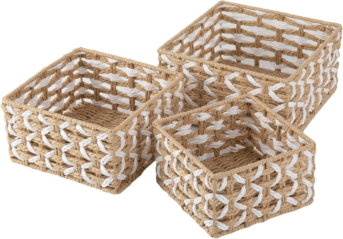 Hand Woven Willow Baskets, Set of 3-Yellow & White