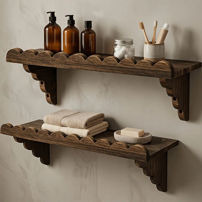 Rustic Scalloped Floating Wooden Wall Shelves Set of 2, Dark Burnt Wood Finish