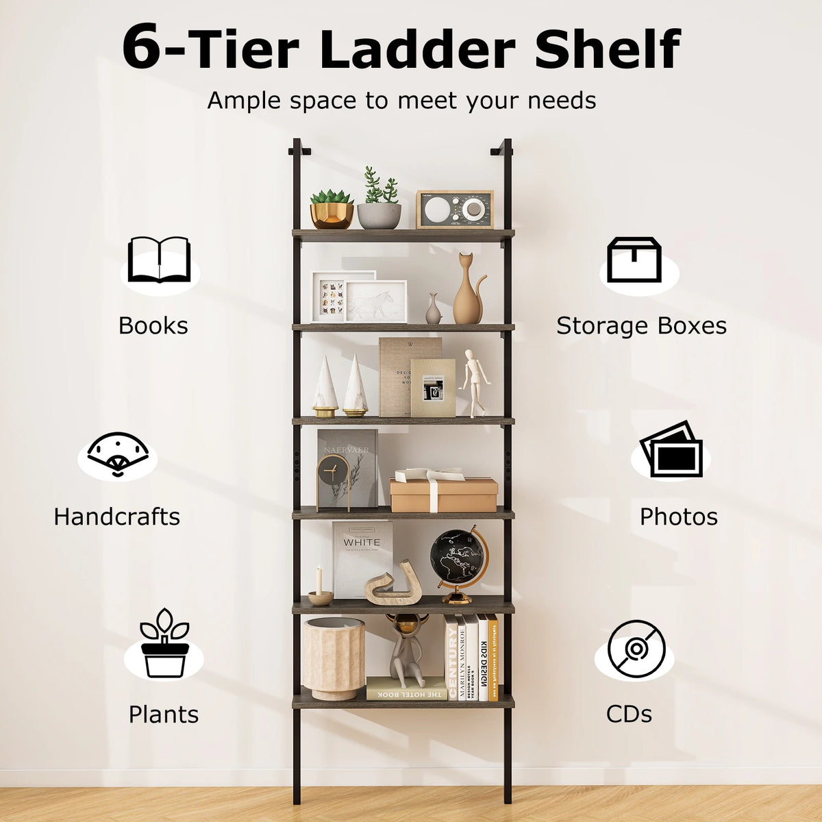 6-tier Ladder Shelf 72 Inches Wall Mounted Bookshelf Oak