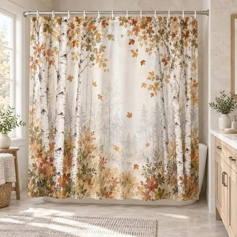 New in 2026 Fall Golden Leaves Woodland Shower Curtain, 2 Sizes, Waterproof