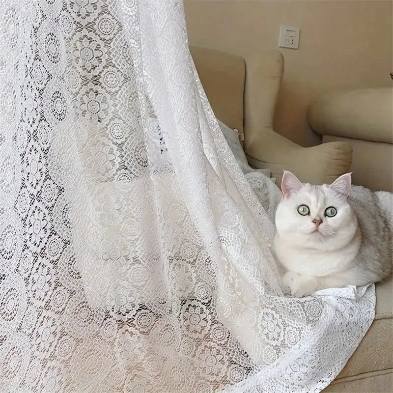 2pcs White Lace Embroidered Mesh Knitted Sheer Curtains, White...
, Whit