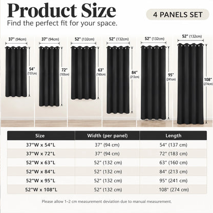 Black 4 Panels, Grommet Top Curtain, Blackout Waterproof Black Inside Coating for Bedroom Living Room, 6 Sizes......