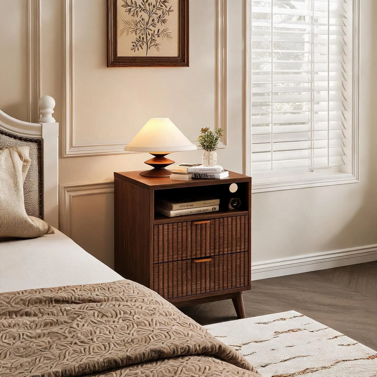 Walnut Nightstand with Drawer and Open Shelf USB Charging Station with AC Outlets