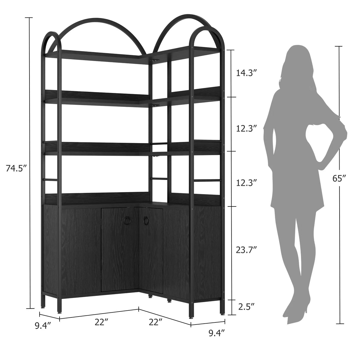 74" Tall 6-Tier Wooden Corner Shelf with Cabinet Doors - Rustic Metal & Wood Bookshelf
