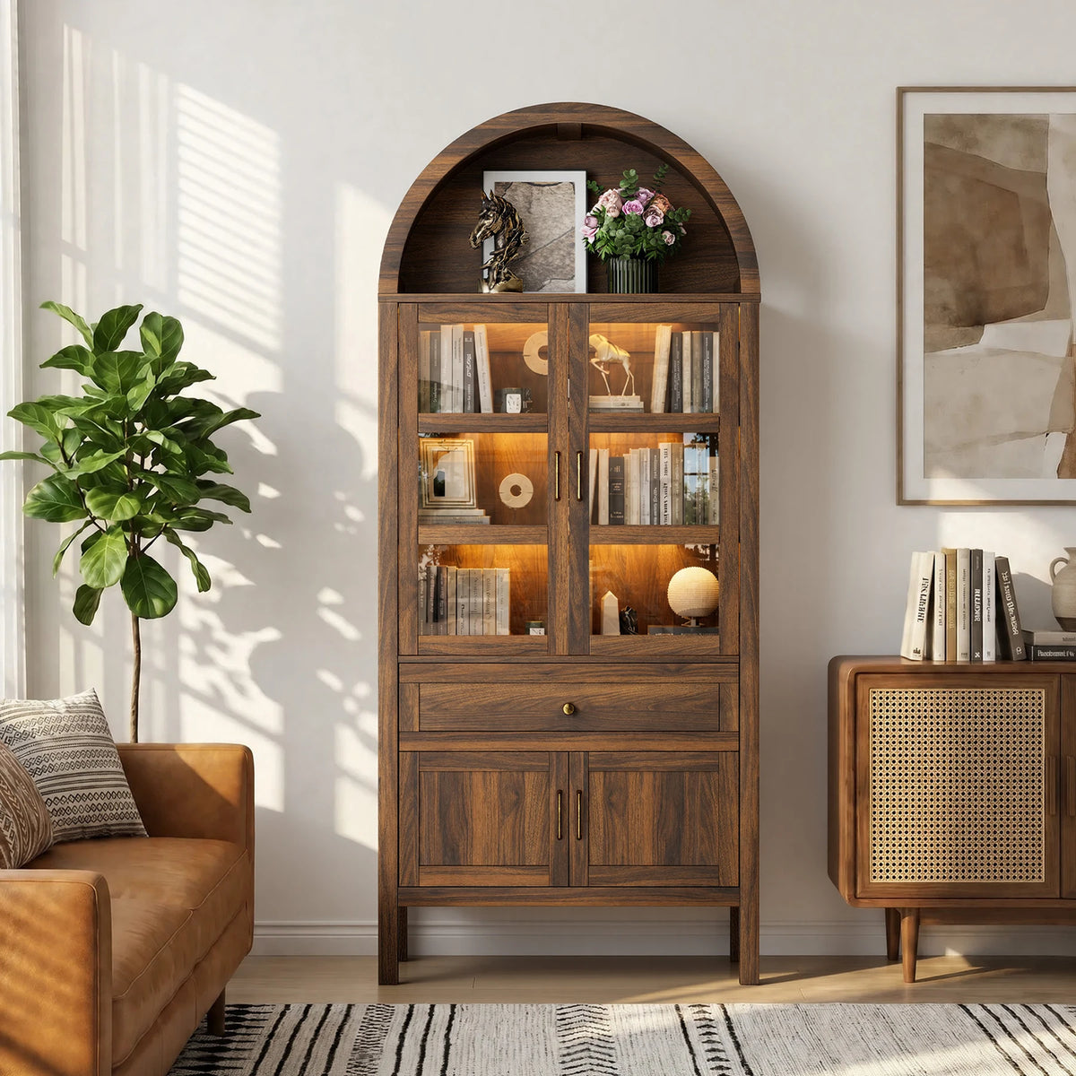 Arched Wooden Storage Cabinet,71'' H X 30.7'' W X 14.6'' D Adjustable with Dimmable LED Lights