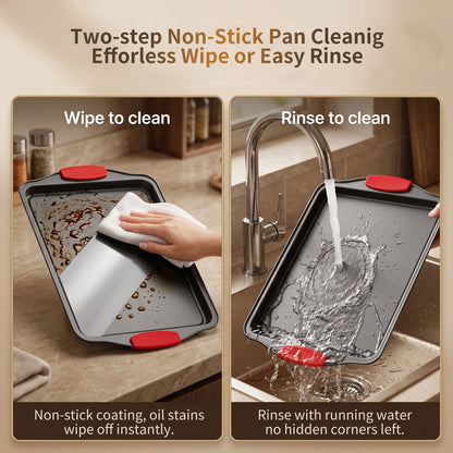 3Pcs Carbon Steel Non‑Stick Baking Pan Set With Red Silicone Handle....