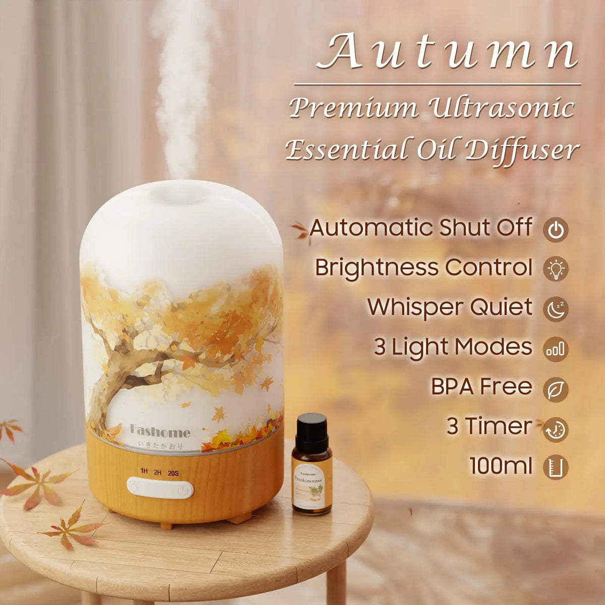 Diffuser Air Humidifier With .3 Oz Essential Oil, Hand Blown Glass Cover With Print, Auto Shut-Off, 3 Timer, 3.3 Oz Capacity Water Tank, Plug In...