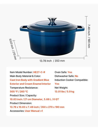 Enameled Cast Iron Dutch Oven, 6 Quart Stock Pot with Lid  Compatible up to 500℉, Blue.....