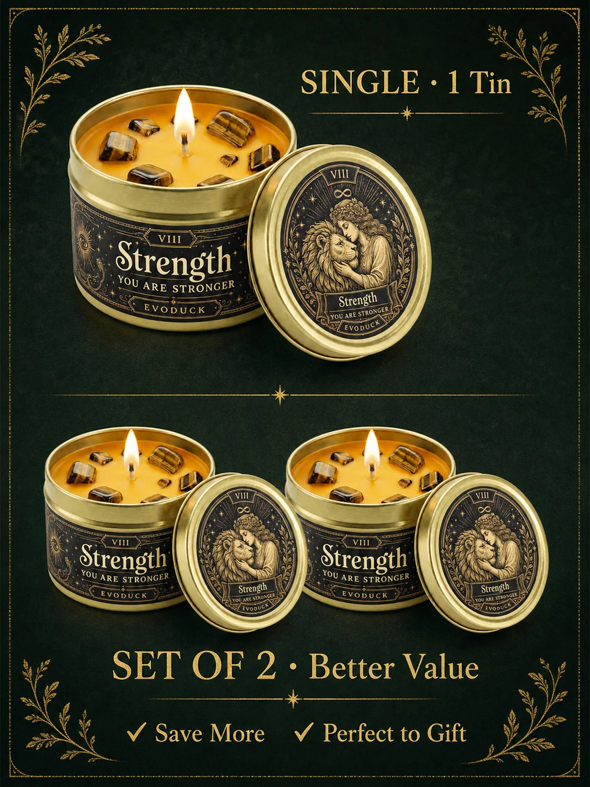Strength Tarot Candle, Cedarwood Bergamot Scented .Tiger Eye Cristal. 1/2/3 Sets, for Meditation, Courage Confidence, 3 Oz.....