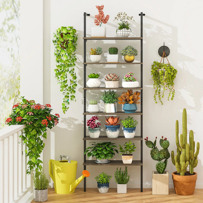 6-tier Ladder Shelf 72 Inches Wall Mounted Bookshelf Oak