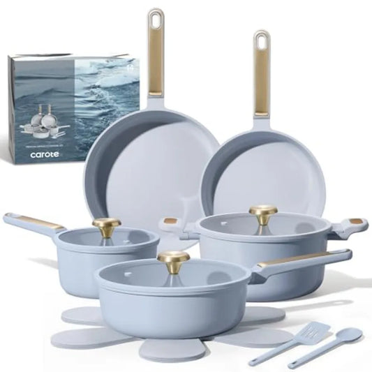 14pcs Ceramic Cookware Set Nonstick,  Dishwasher Safe, Light Blue, And Black.....