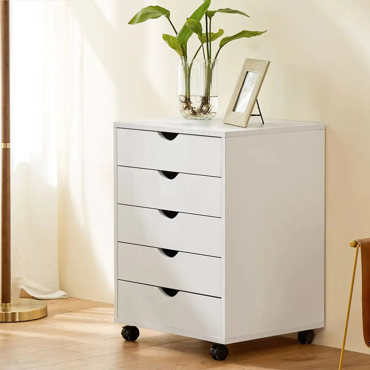 Wood Nightstand Cabinet 5 Drawers Waterproof Surface, Rotating Wheel