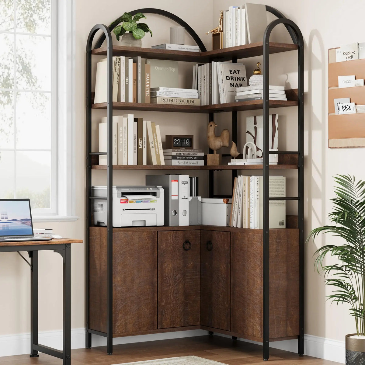 74" Tall 6-Tier Wooden Corner Shelf with Cabinet Doors - Rustic Metal & Wood Bookshelf