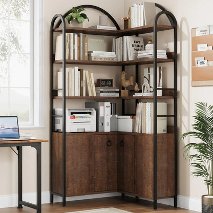 74" Tall 6-Tier Wooden Corner Shelf with Cabinet Doors - Rustic Metal & Wood Bookshelf