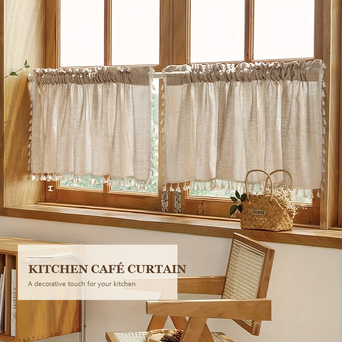 2PCS Natural Linen Curtains, Tassel Fringe for Kitchen Windows, Beige....