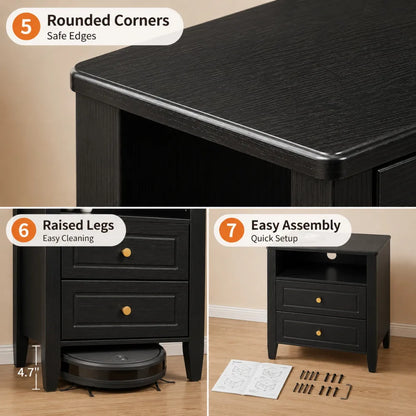 Nightstand with Charging Station 2 Drawers and Open Shelf with USB Type C Port AC Outlet