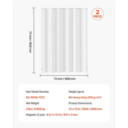 8G Heavy-Duty Shower Liner, 2-Pack Waterproof Plastic Liners with 3 Magnets and 12 Rust-Resistant Metal Grommet, 72 x 72 in (White Frost)