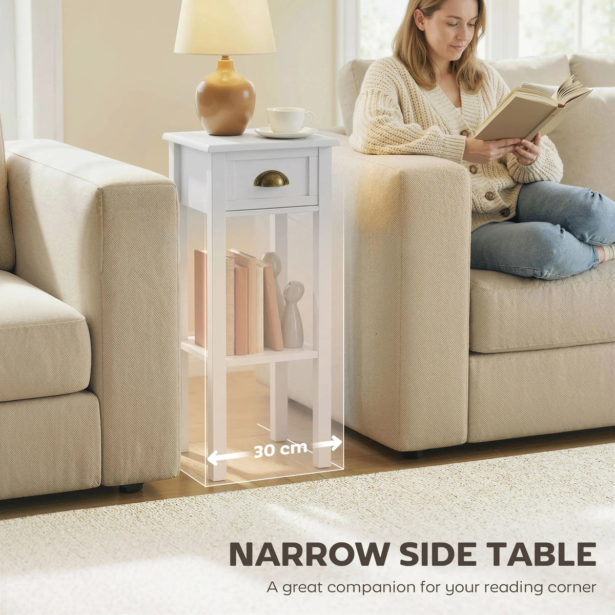 End Table with Drawer and Bottom Shelf, Accent Desk, White