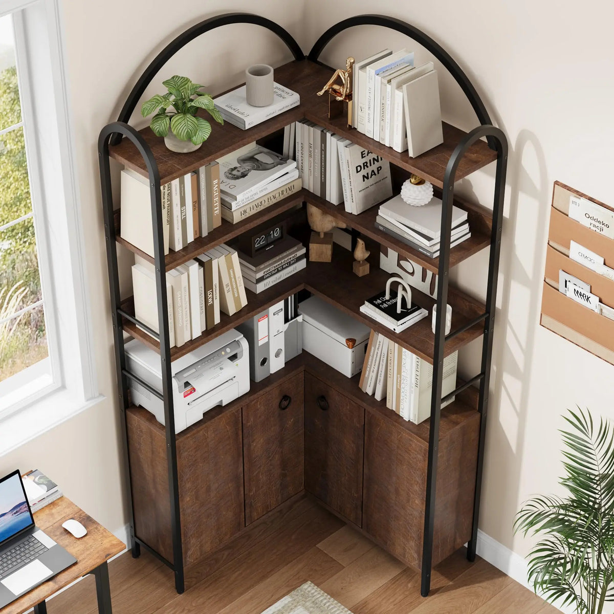 74" Tall 6-Tier Wooden Corner Shelf with Cabinet Doors - Rustic Metal & Wood Bookshelf