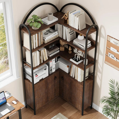 74" Tall 6-Tier Wooden Corner Shelf with Cabinet Doors - Rustic Metal & Wood Bookshelf