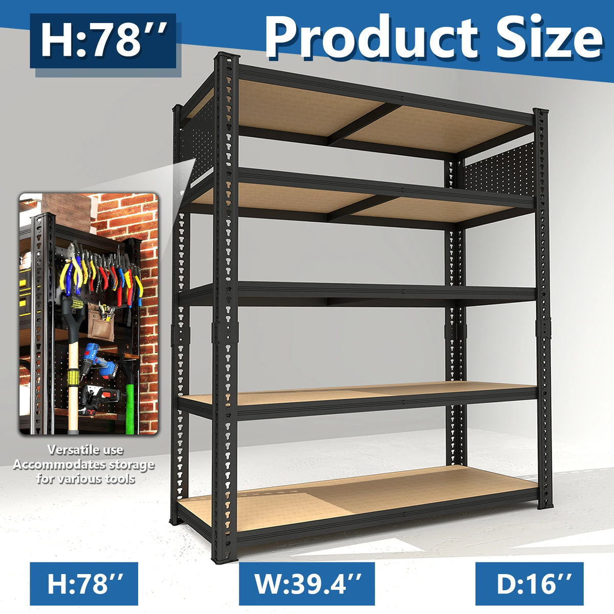 Heavy-Duty 5-Tier Adjustable Metal Shelving Unit with Pegboard Panel System