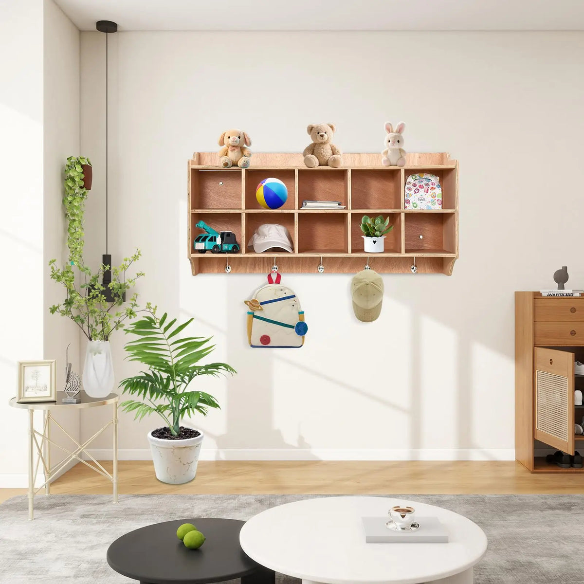 Wall Mount Kids Wooden Storage Organizer With 10 Cubbies, 5 Hooks And Top Shelf,