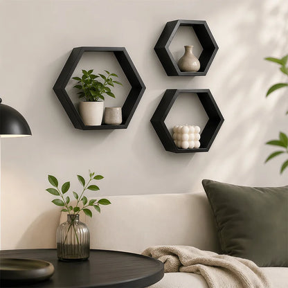 Hexagonal Floating Wooden Wall Shelves Set of 3, Black Geometric