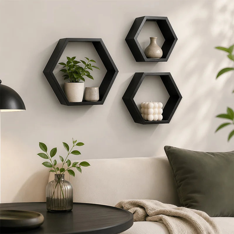 Rustic Wooden Hexagon Floating Shelves Set of 3