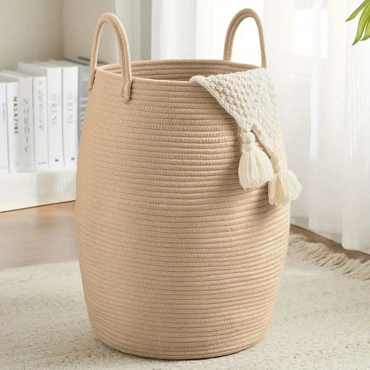 Woven Wicker Basket, Cotton Rope Laundry Hamper With Handles....