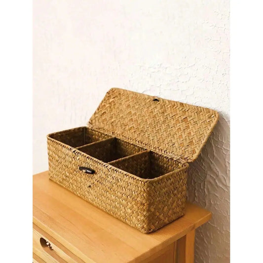 1pc Handwoven Rattan Seagrass Rustic Storage Basket With Lid...