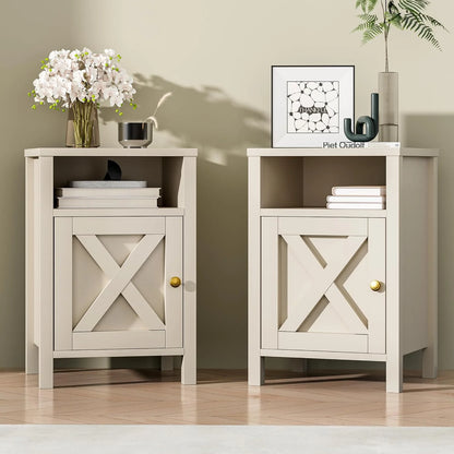 24.8" Nightstand Set 2, Wood, with Barn Door, White/Beige