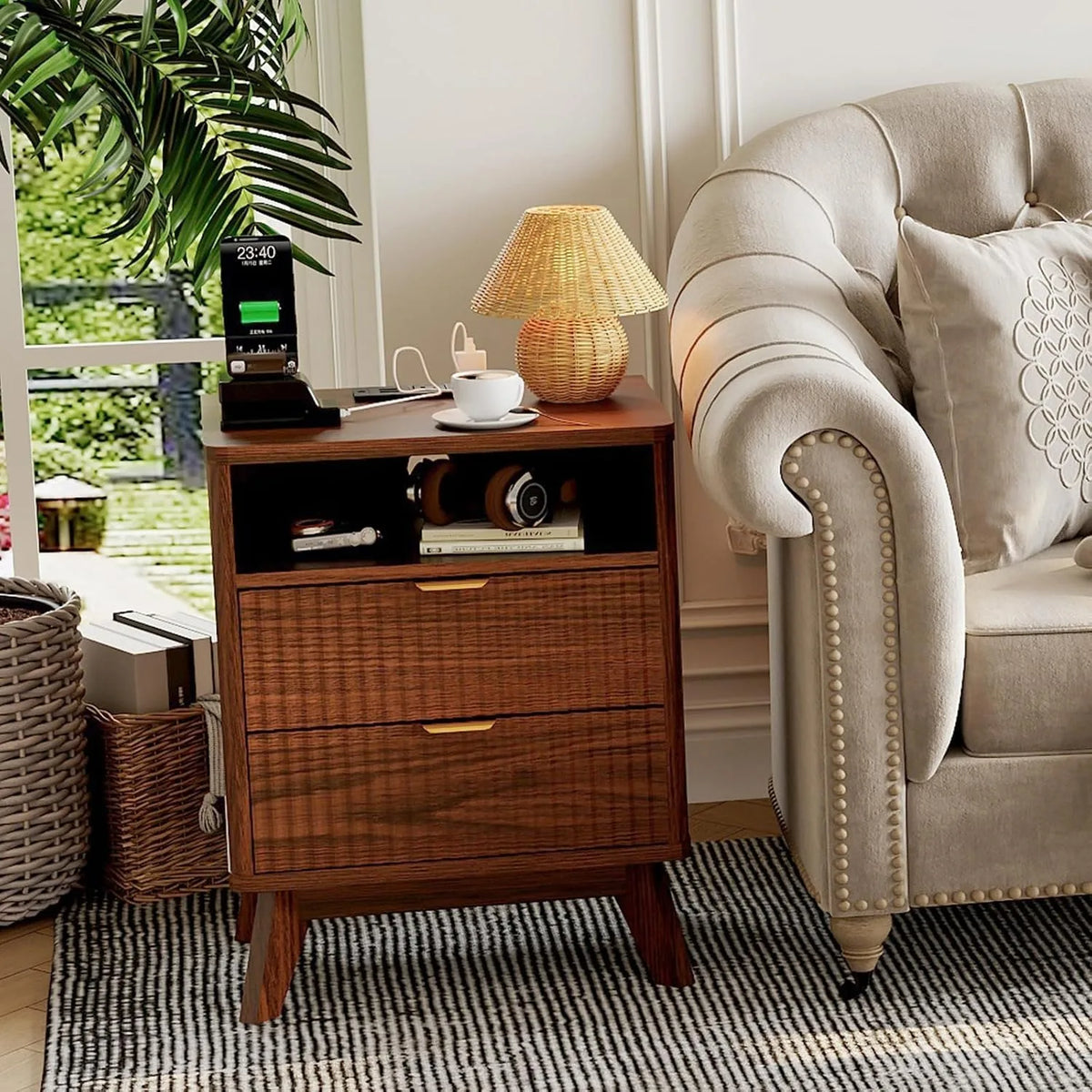 Walnut Nightstand with Drawer and Open Shelf USB Charging Station with AC Outlets